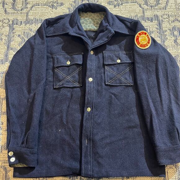 VTG 70's Sears Navy Button Up Americana Firefighter Patch SZ L - Picture 1 of 8